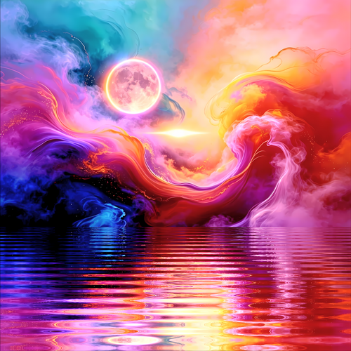 CosmicStorm abstract wall art poster — luminous full moon rising over a still reflective lake amid swirling clouds in vivid magenta, purple, orange and teal by Abstract Aura.