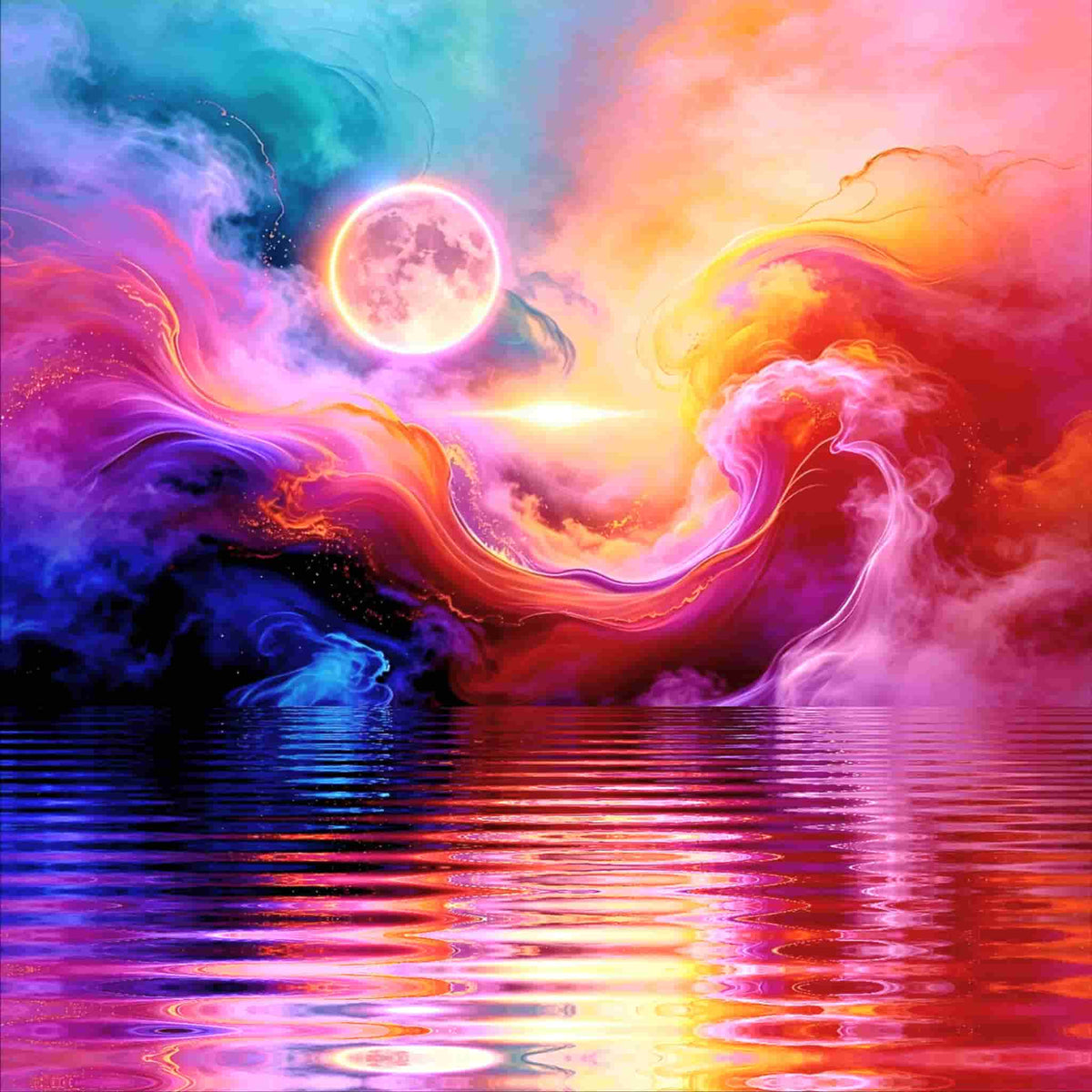 Cosmic Storm — a vivid abstract wall art print featuring swirling cosmic clouds in purple, magenta, red, orange and blue with a glowing full moon over water.