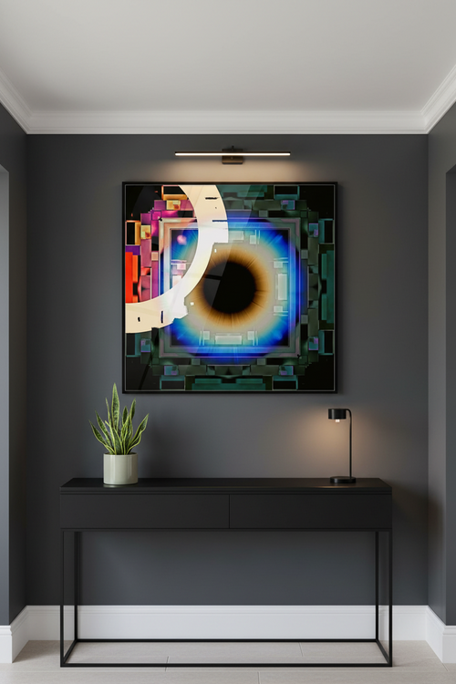 Modern interior with a colorful Abstract Aura abstract painting on a gray wall, a black console table, and a plant.