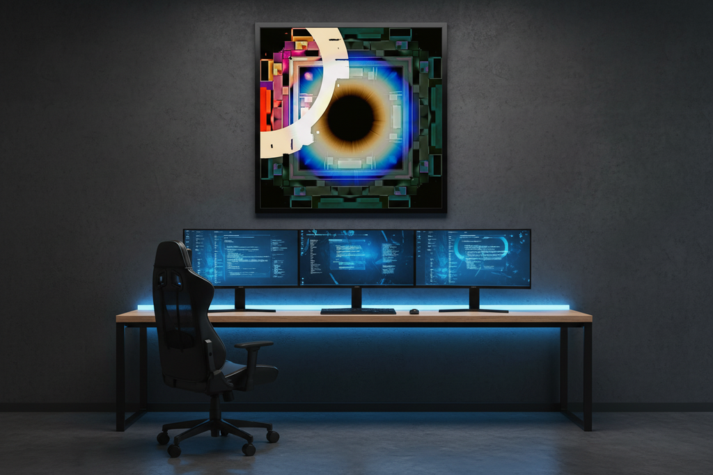 Modern office setup with a desk featuring three computer monitors, a chair, and a stunning Abstract Aura wall art piece.