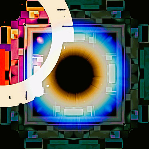 Cyber Eye abstract wall art poster featuring a luminous electric-blue iris emerging from a fractured digital grid — cyberpunk décor by Abstract Aura.