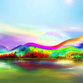 Dreamscape art print - vivid rainbow landscape with rolling hills, iridescent celestial orb, bold foliage in reds, yellows and teals, and a calm reflective lake. Museum-quality matte poster by Abstract Aura.