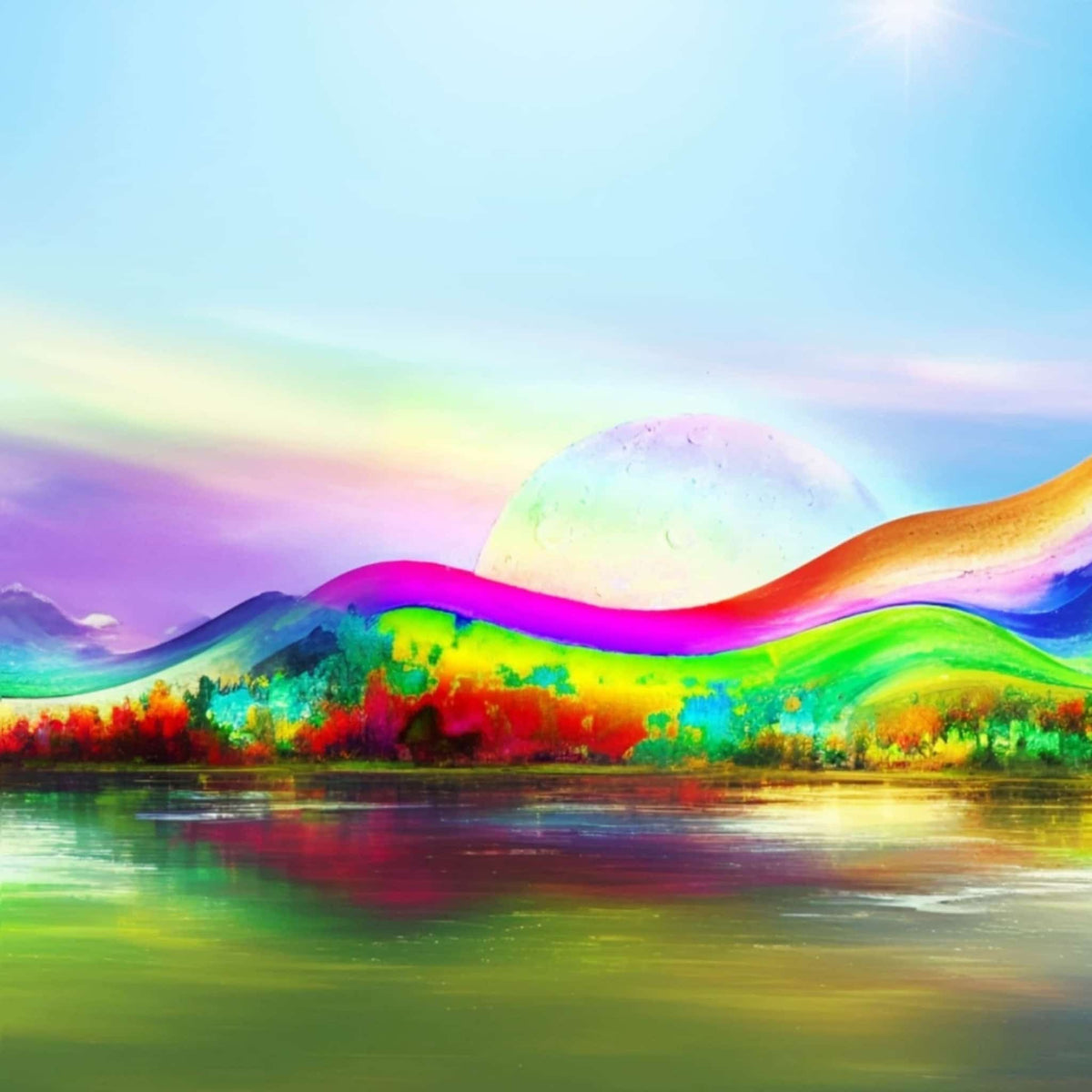 Dreamscape art print - vivid rainbow landscape with rolling hills, iridescent celestial orb, bold foliage in reds, yellows and teals, and a calm reflective lake. Museum-quality matte poster by Abstract Aura.