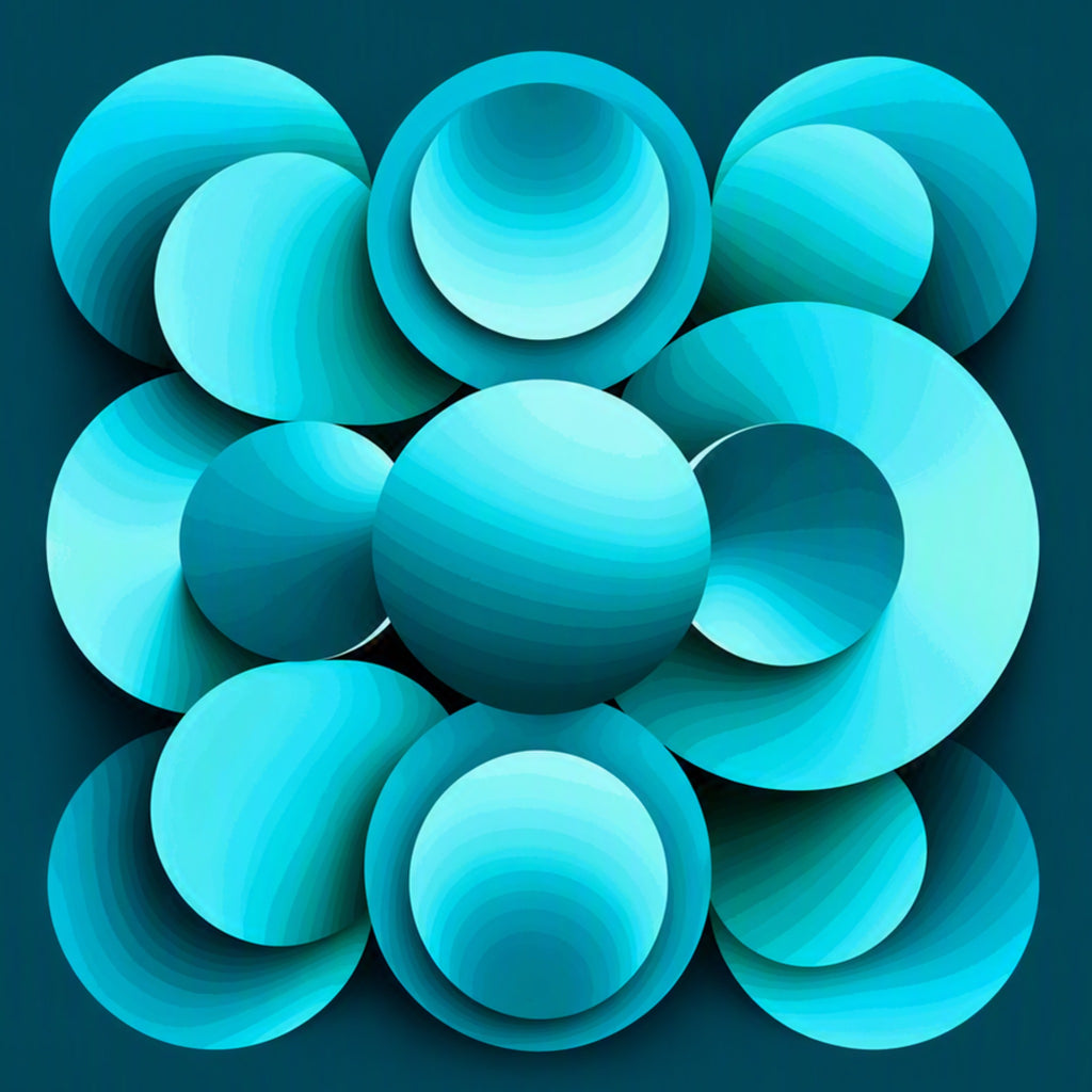 Abstract 3D geometric artwork featuring overlapping circular and spherical forms in shades of bright cyan, medium blue, and deep teal on a dark blue background.