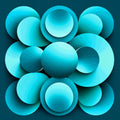 Abstract 3D geometric artwork featuring overlapping circular and spherical forms in shades of bright cyan, medium blue, and deep teal on a dark blue background.