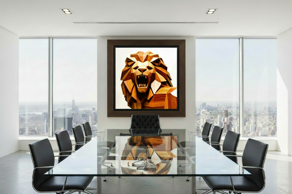 Leo Pride Poster in dark frame displayed above a boardroom conference table with floor-to-ceiling city views – geometric lion wall art in a premium executive setting.