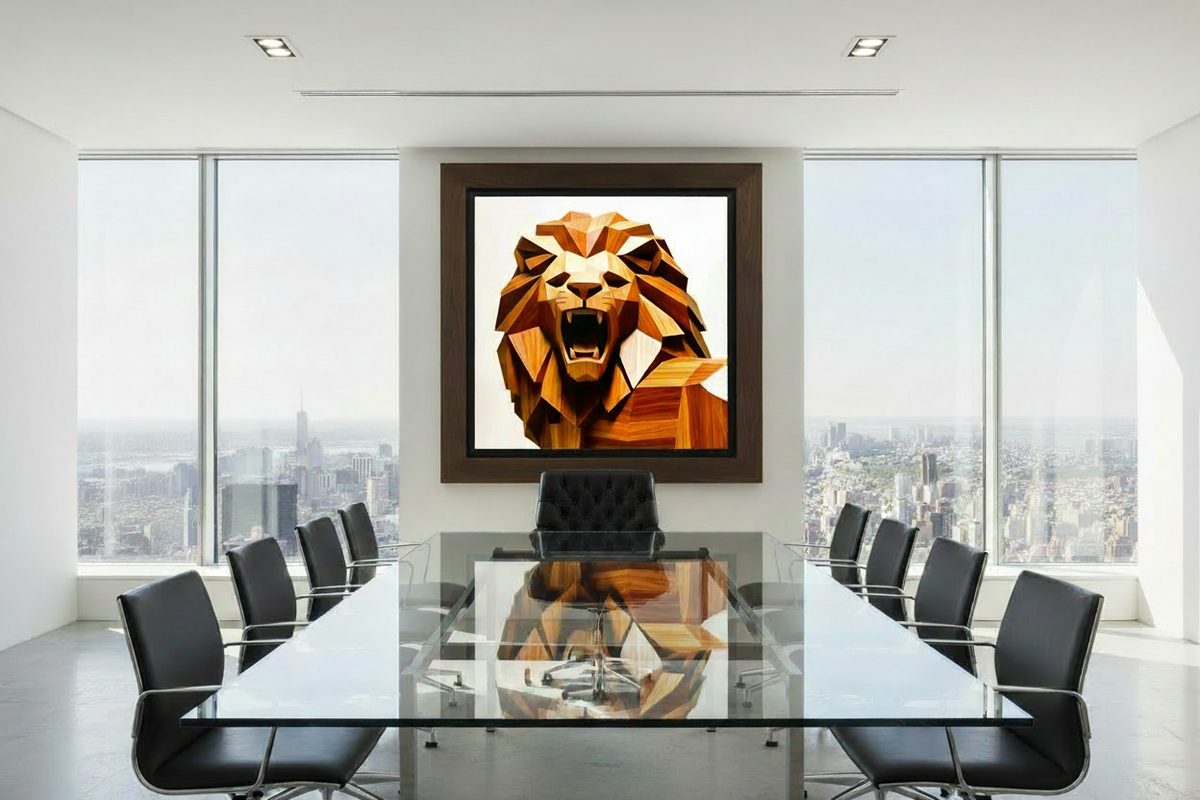 Leo Pride Poster in dark frame displayed above a boardroom conference table with floor-to-ceiling city views – geometric lion wall art in a premium executive setting.