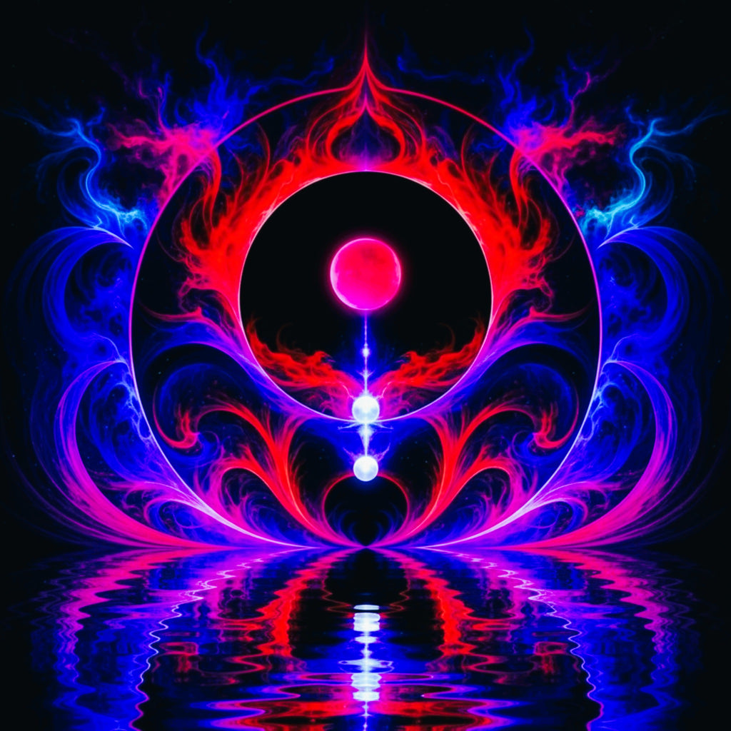 New Frontiers – neon abstract art print with crimson flames, electric blue energy and glowing orb on black background.