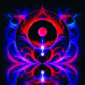 New Frontiers – neon abstract art print with crimson flames, electric blue energy and glowing orb on black background.