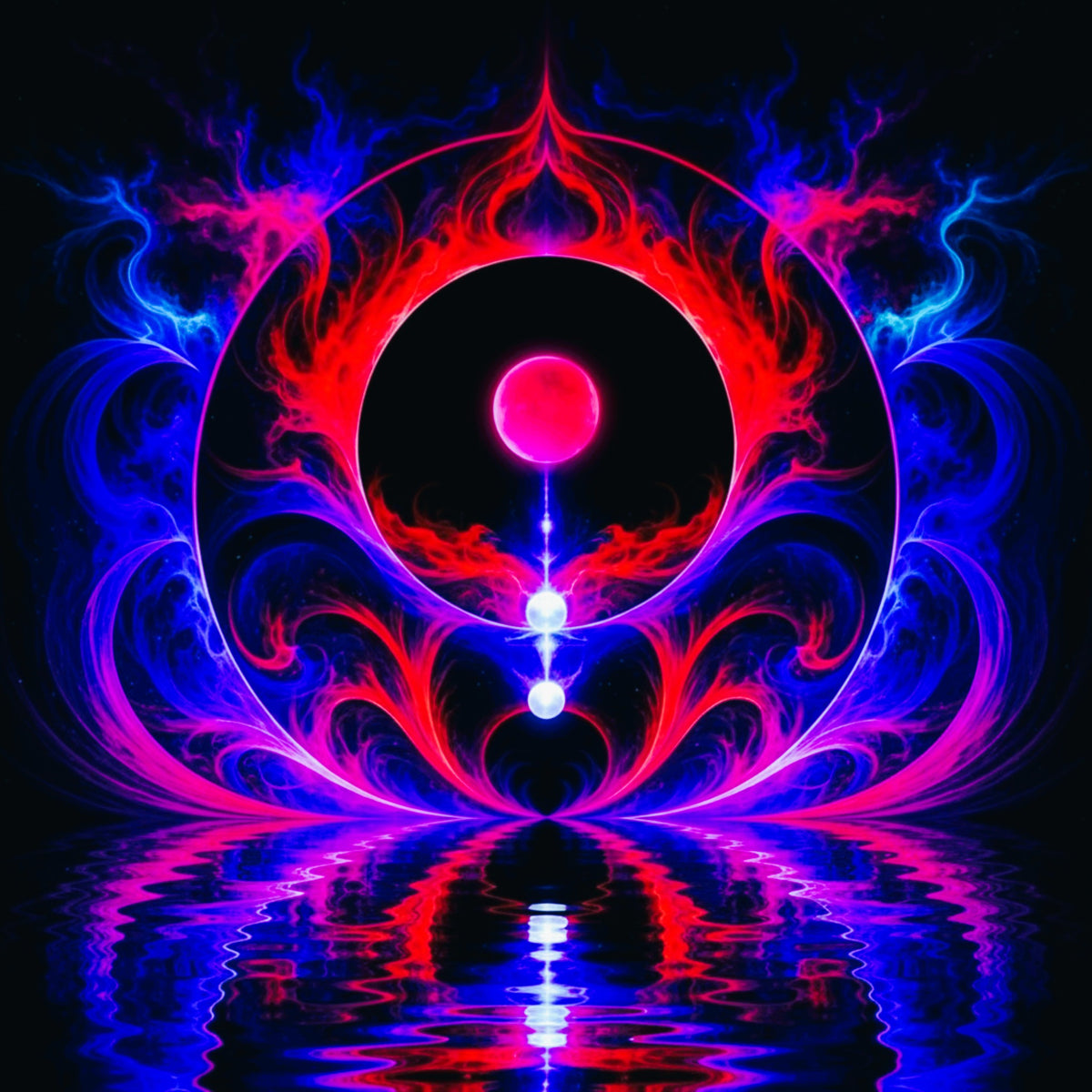 New Frontiers – neon abstract art print with crimson flames, electric blue energy and glowing orb on black background.