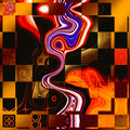 Rain Dance – cyberpunk glitch art poster featuring a sinuous neon light ribbon in blue, red, and white against a bold geometric black and amber grid.