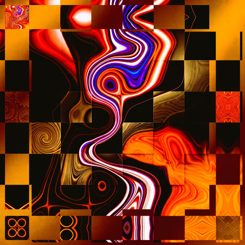 Rain Dance – cyberpunk glitch art poster featuring a sinuous neon light ribbon in blue, red, and white against a bold geometric black and amber grid.