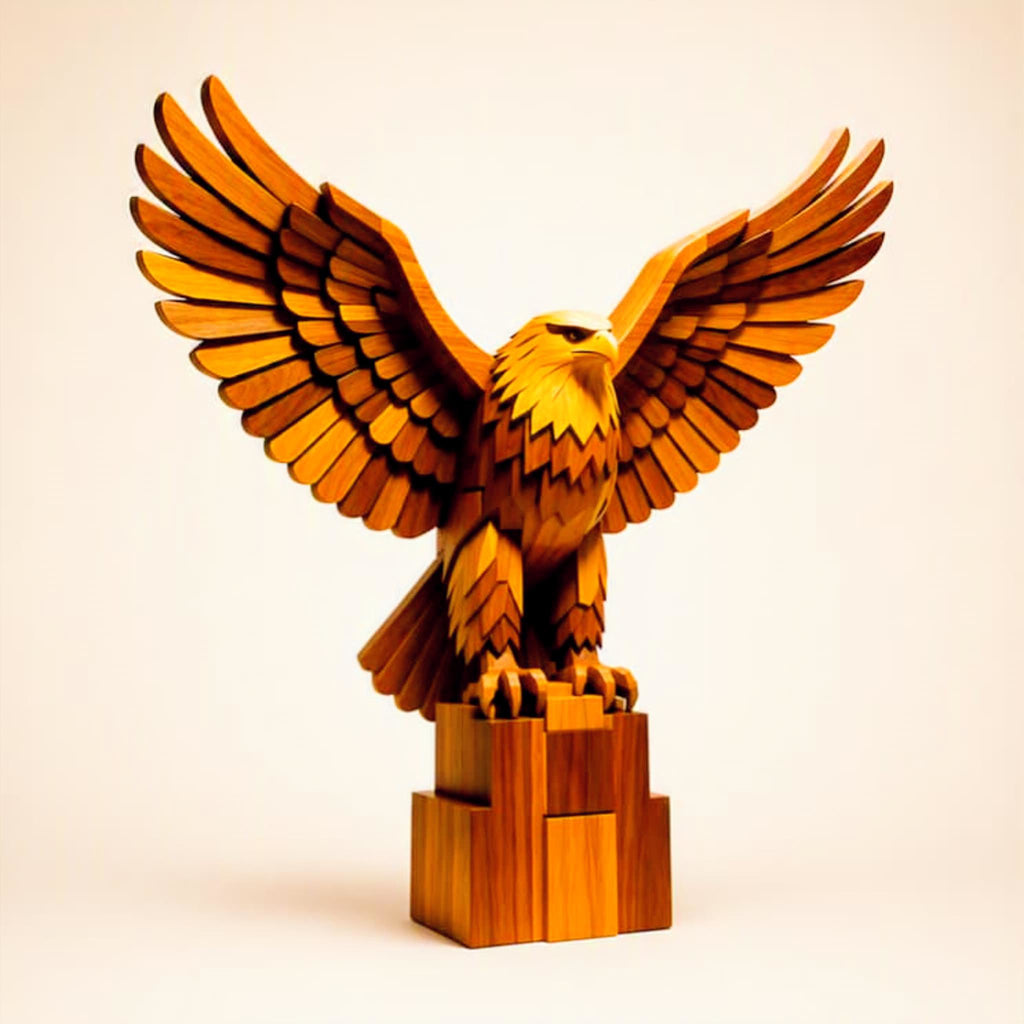 Respect Poster - Golden Eagle wooden sculpture art print with wings spread wide on a pedestal, warm amber tones.
