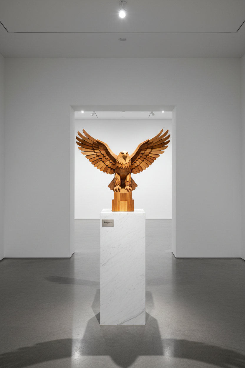 Respect Poster image displayed in a contemporary gallery setting – Golden Eagle wooden sculpture on a white pedestal under spotlight.
