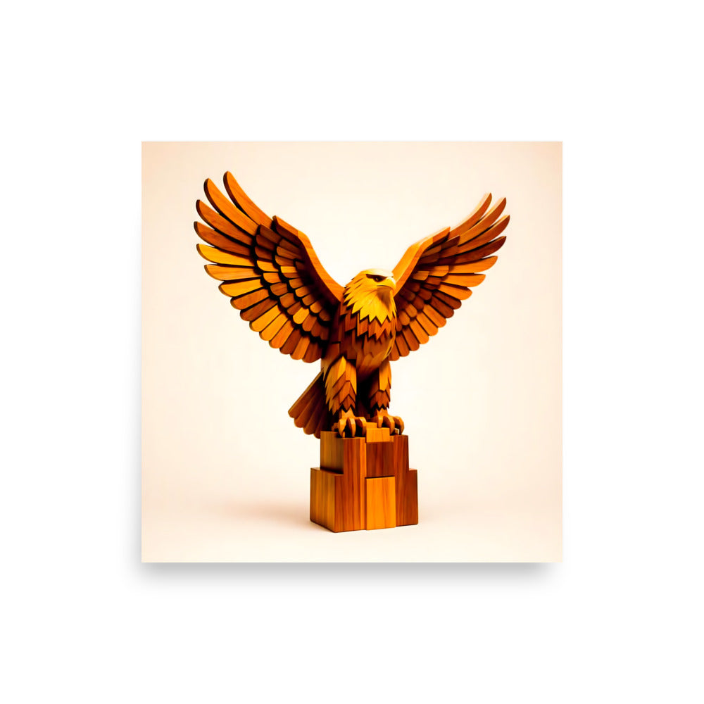 Respect Poster 12×12 inch enhanced matte paper print – Golden Eagle wooden sculpture artwork with wings spread wide, warm amber tones on cream background.

