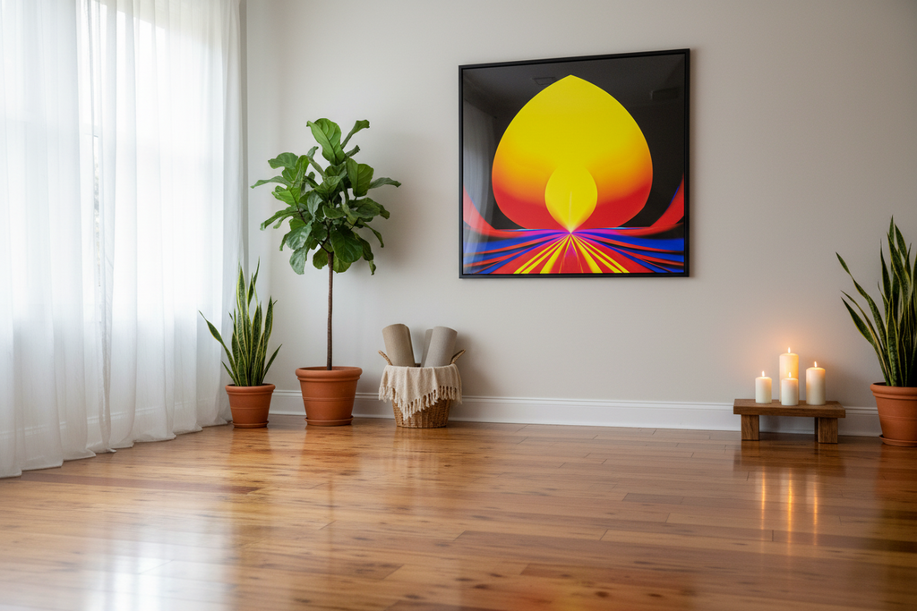 Solar Lotus Poster framed as bold wall art in a bright yoga studio with warm timber floors, candles and indoor plants | Abstract Aura.