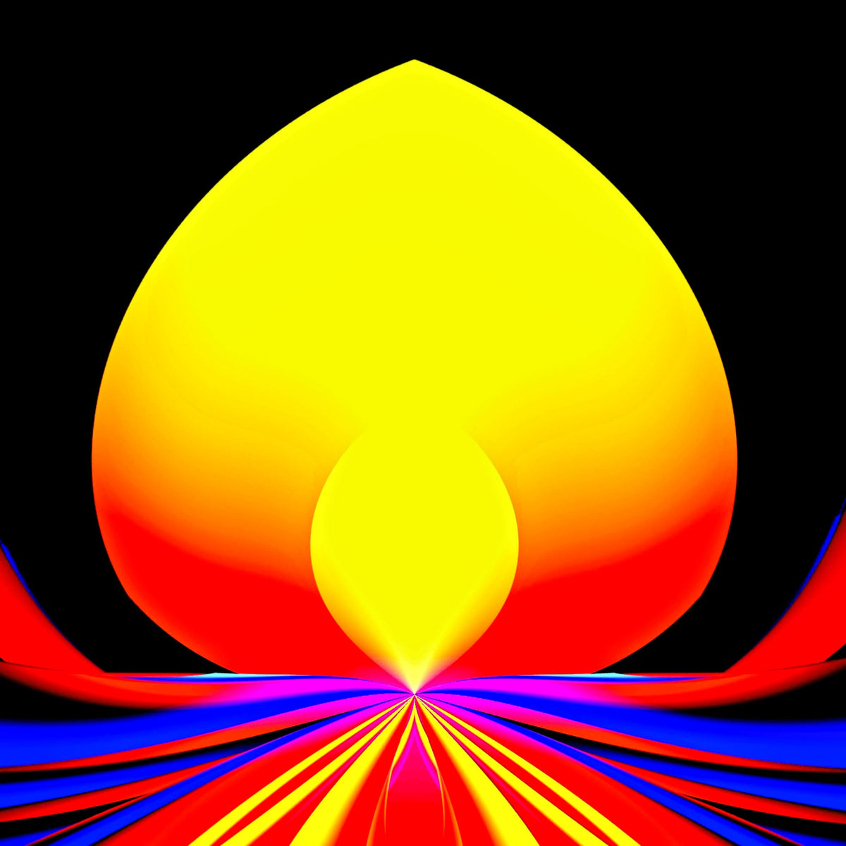 Solar Lotus - a bold psychedelic wall art print featuring a radiant lotus sun in vivid yellow, orange, red and blue on a black background.