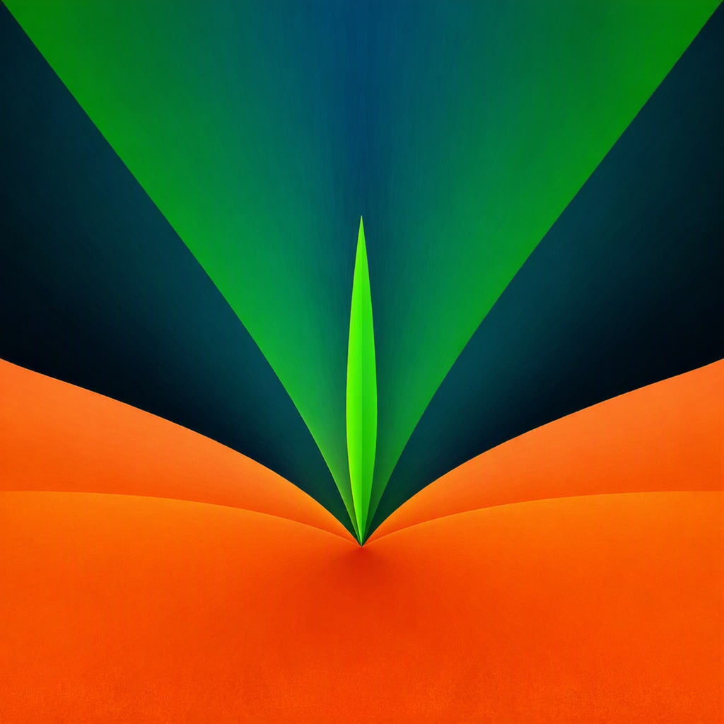 Verdant Flame Poster - Abstract geometric artwork with a bright green pointed shape rising from a wide orange base, set against dark blue and green angular fields by Abstract Aura.