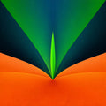 Verdant Flame Poster - Abstract geometric artwork with a bright green pointed shape rising from a wide orange base, set against dark blue and green angular fields by Abstract Aura.