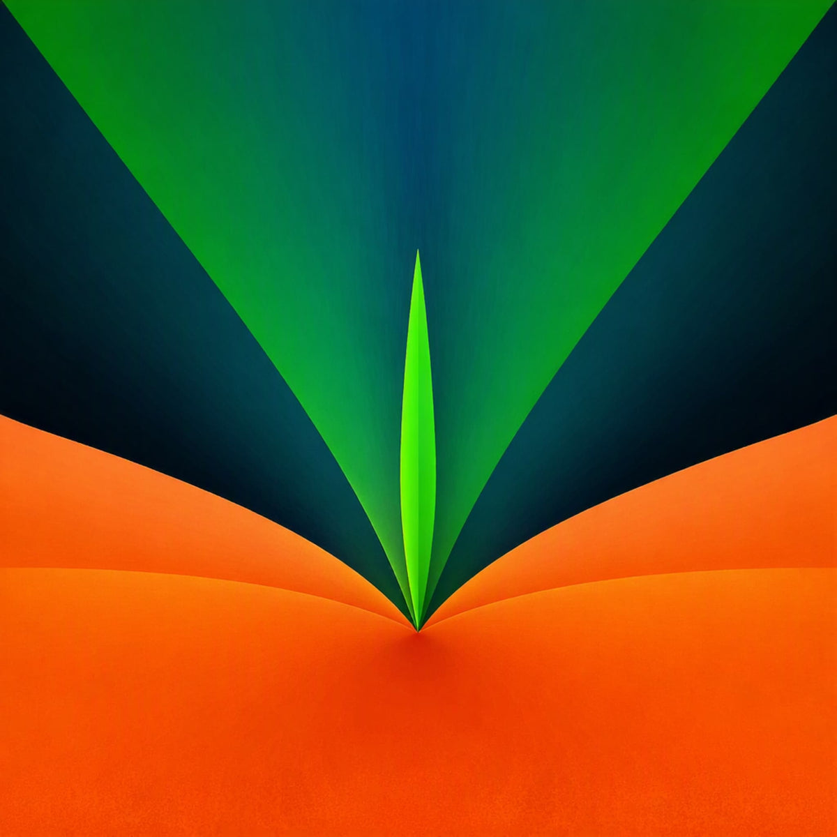 Verdant Flame Poster - Abstract geometric artwork with a bright green pointed shape rising from a wide orange base, set against dark blue and green angular fields by Abstract Aura.