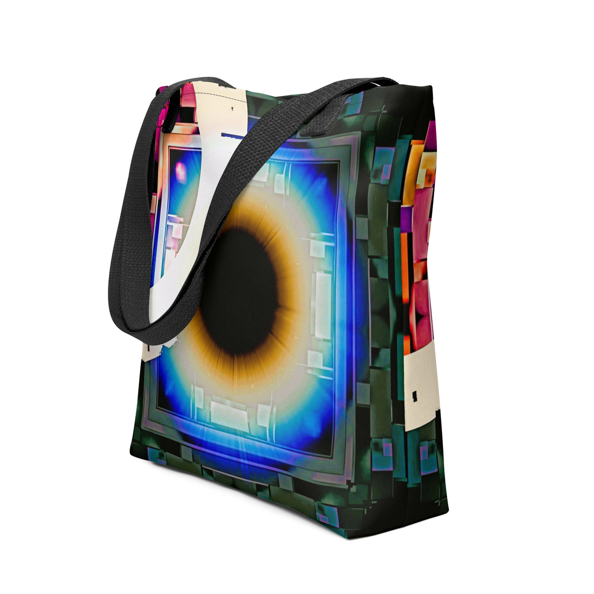 Cyber Eye all-over print tote bag — bold abstract cyberpunk eye design covering the entire surface, white polyester with natural cotton handles.