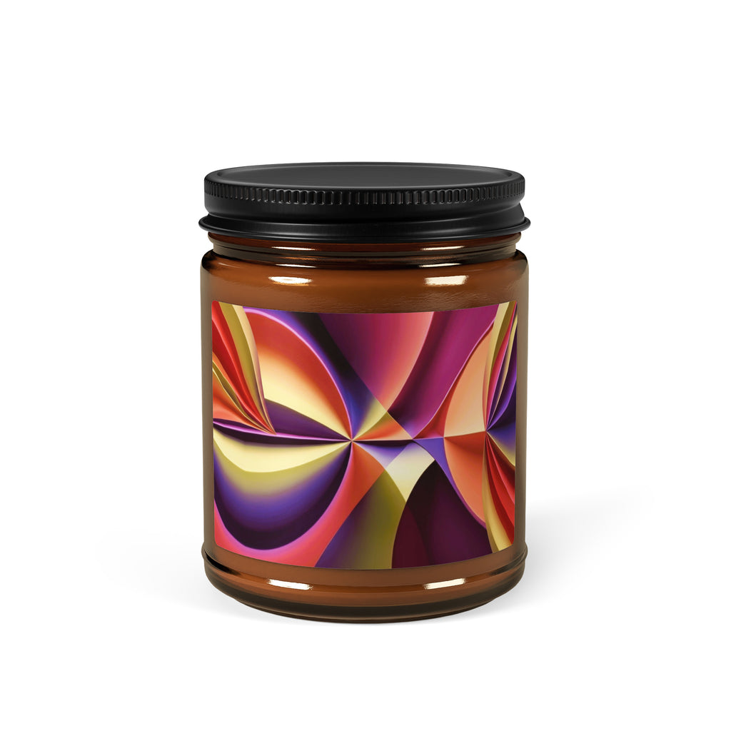 Story of Colour scented soy candle in an amber jar with sweeping ruby, gold and violet abstract fan artwork, front view.