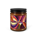 Story of Colour scented soy candle in an amber jar with sweeping ruby, gold and violet abstract fan artwork, front view.
