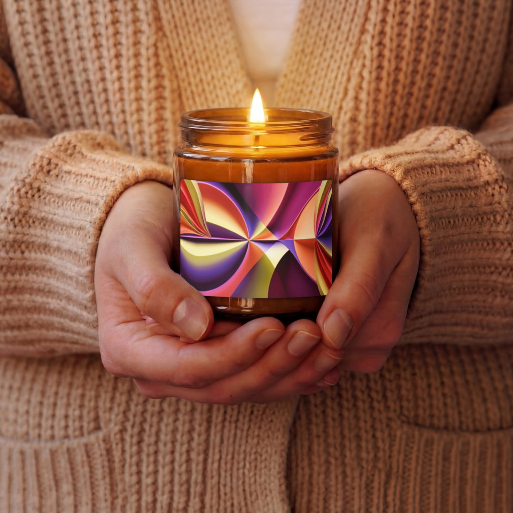 Hands holding a lit Story of Colour scented soy candle in an amber jar with ruby, gold and violet abstract artwork.
