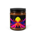 Solar Lotus scented soy candle in an amber jar with golden lotus and vivid red, magenta and blue ray artwork, front view.
