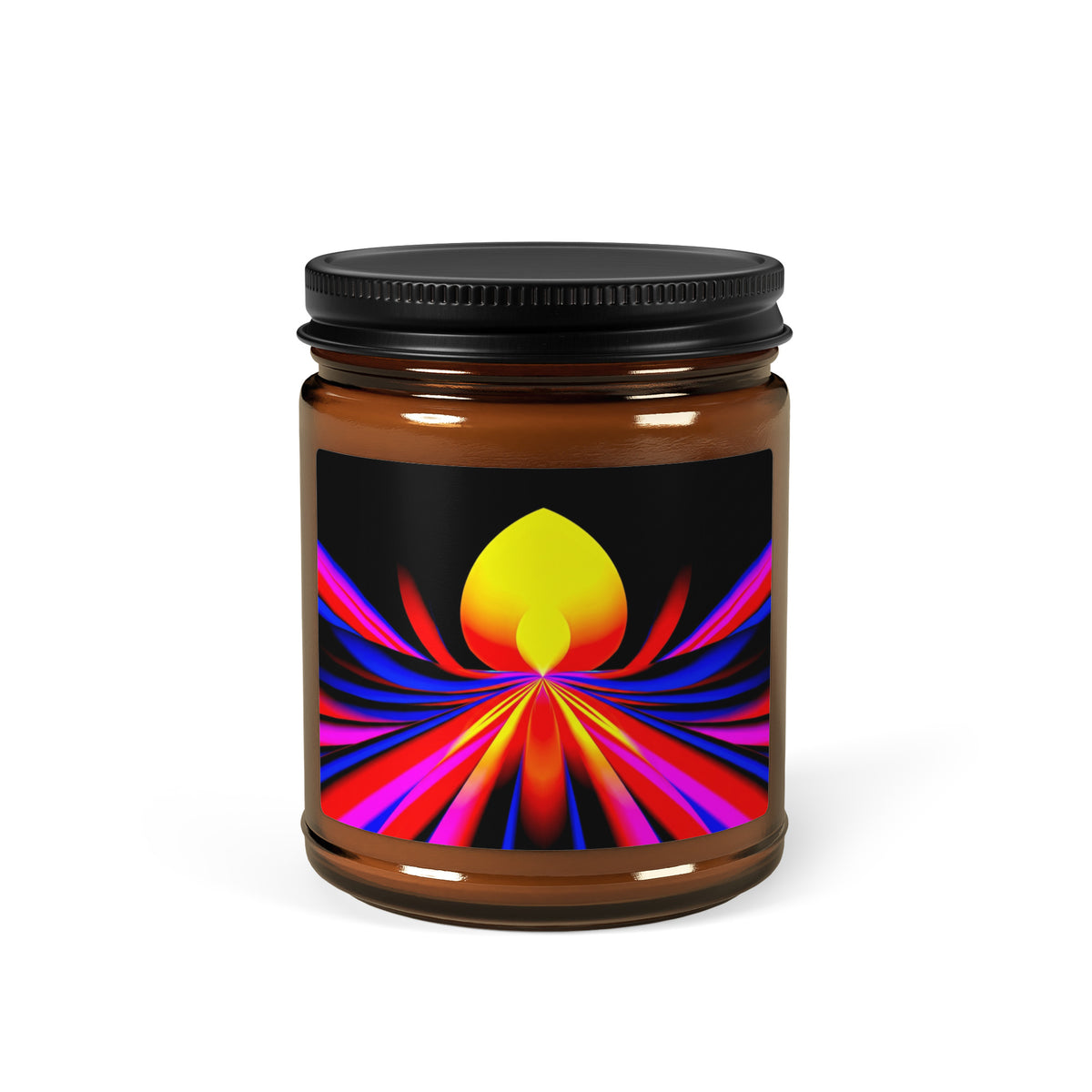 Solar Lotus scented soy candle in an amber jar with golden lotus and vivid red, magenta and blue ray artwork, front view.