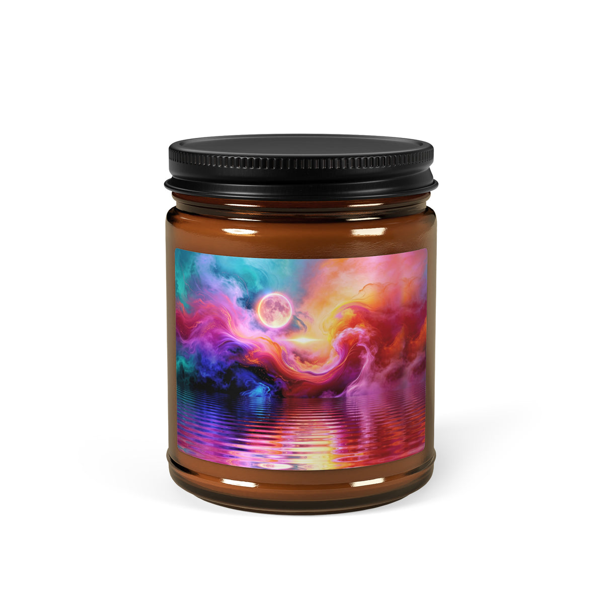Cosmic Storm scented soy candle in an amber jar with colourful moonlit waves and water reflections, front view.
