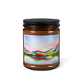 Dream Scape scented soy candle in an amber jar with soft watercolour rainbow landscape artwork, front view.
