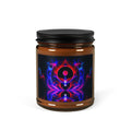 New Frontiers scented soy candle in an amber jar with red and blue abstract portal artwork — Abstract Aura.