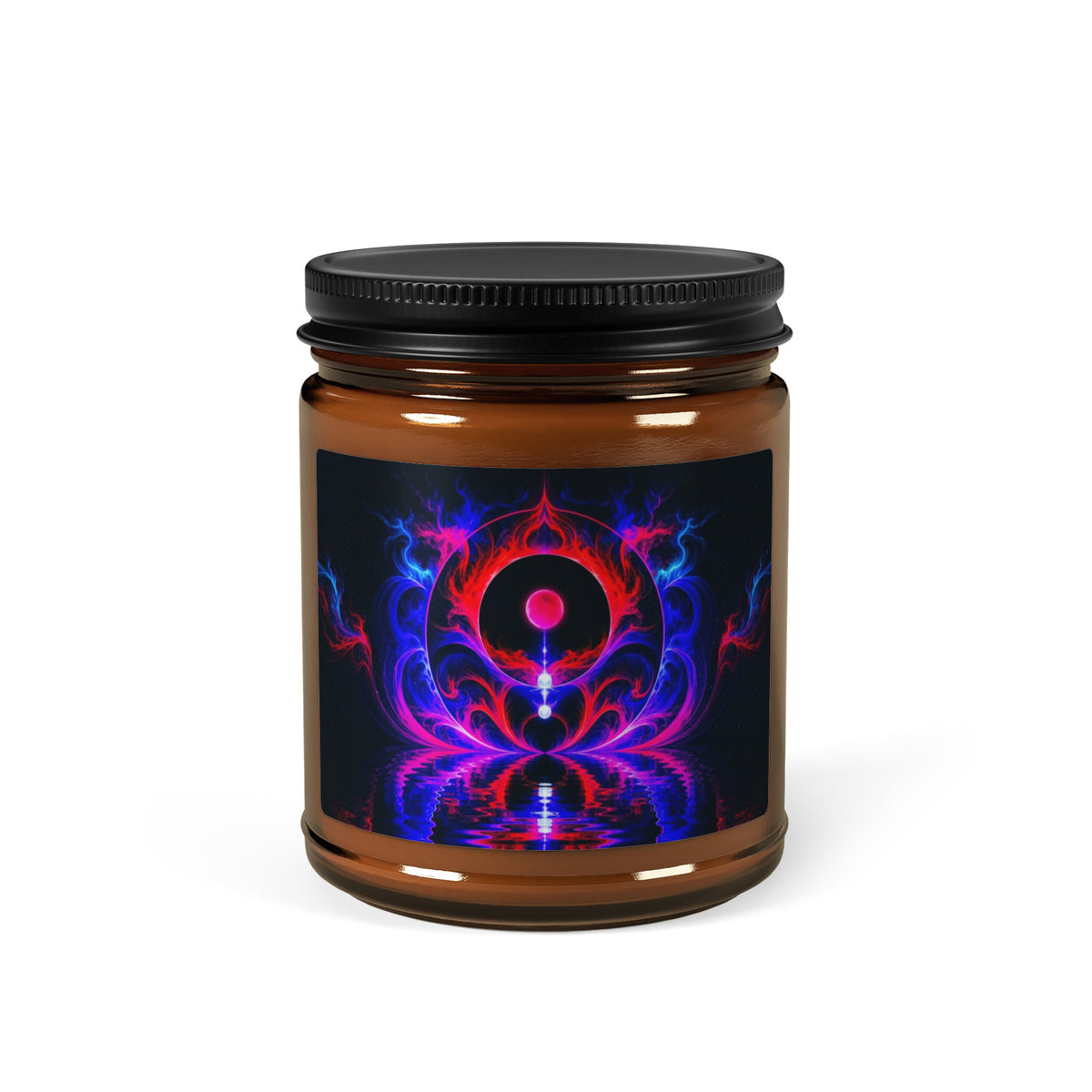 New Frontiers scented soy candle in an amber jar with red and blue abstract portal artwork — Abstract Aura.