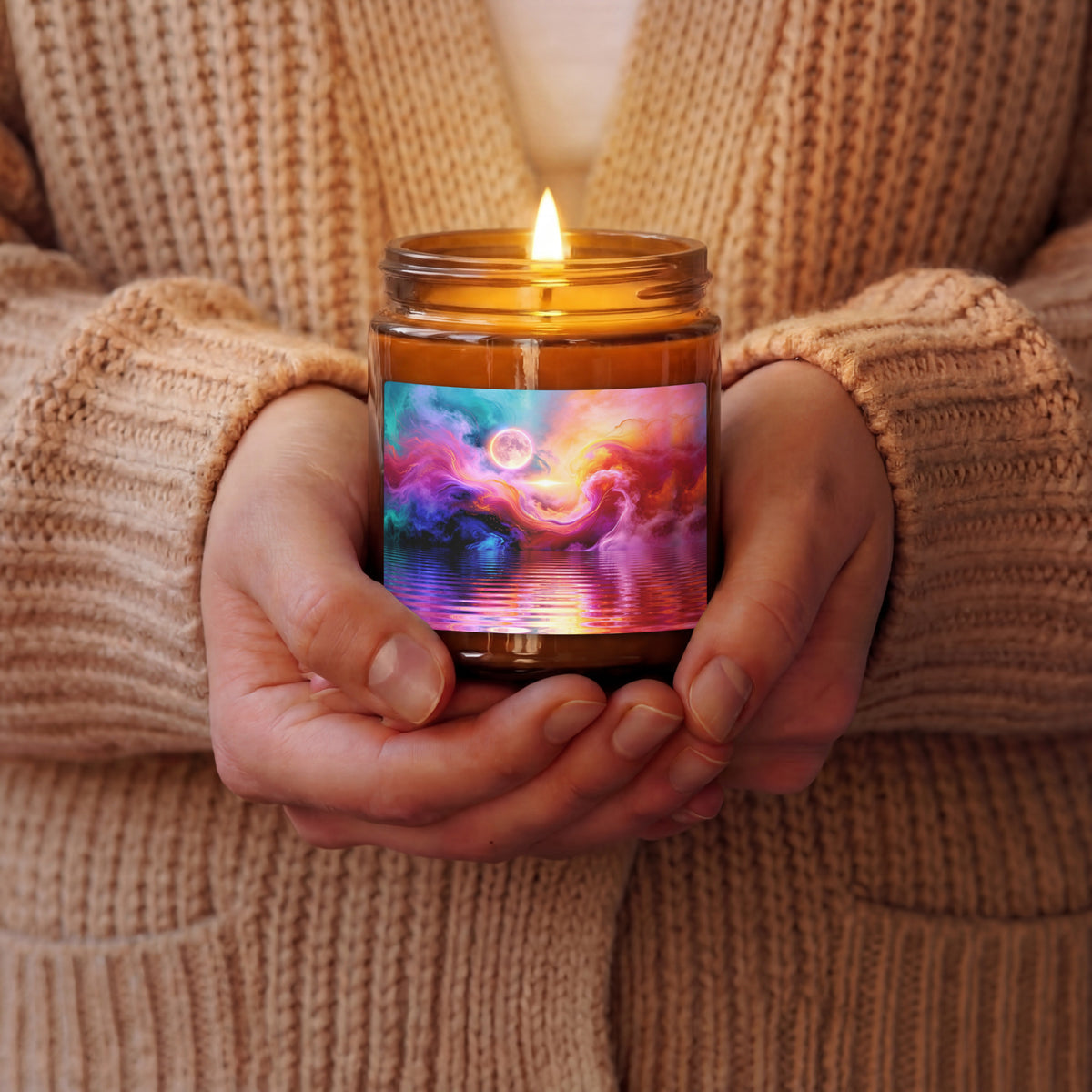 Hands holding Cosmic Storm scented soy candle in an amber jar with colourful moonlit waves and water reflections, front view - Abstract Aura.
