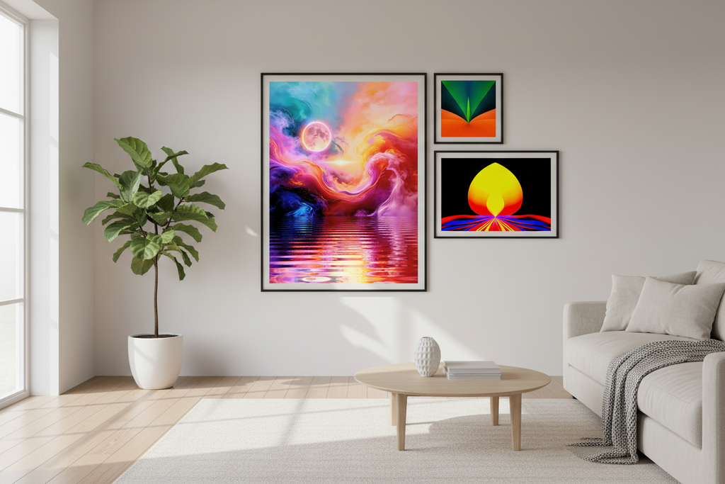 Dreamscape abstract wall art poster displayed in a modern interior — vivid rainbow landscape print by Abstract Aura.