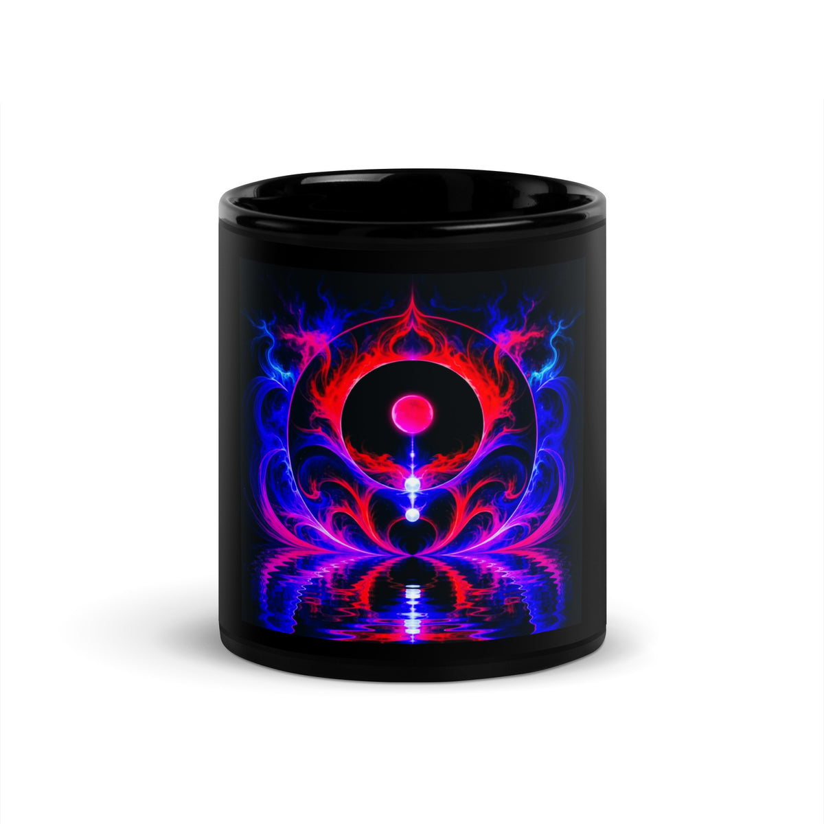 New Frontiers Black Glossy Mug – black ceramic mug, front view, neon abstract art with crimson flames and electric blue.