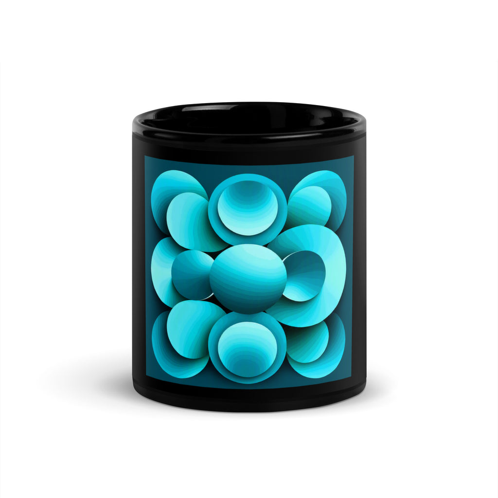 Echoes Black Glossy Mug – black ceramic mug, front view, abstract 3D cyan and teal geometric print.