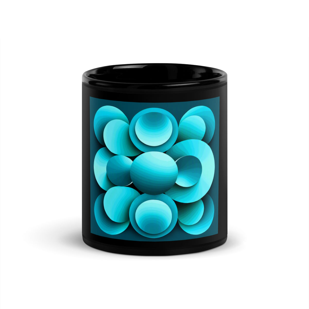 Echoes Black Glossy Mug – black ceramic mug, front view, abstract 3D cyan and teal geometric print.