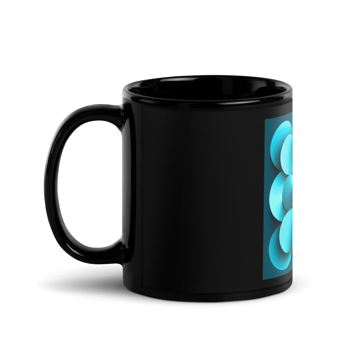 Echoes Black Glossy Mug – black ceramic mug, handle left view, abstract 3D cyan and teal geometric print.