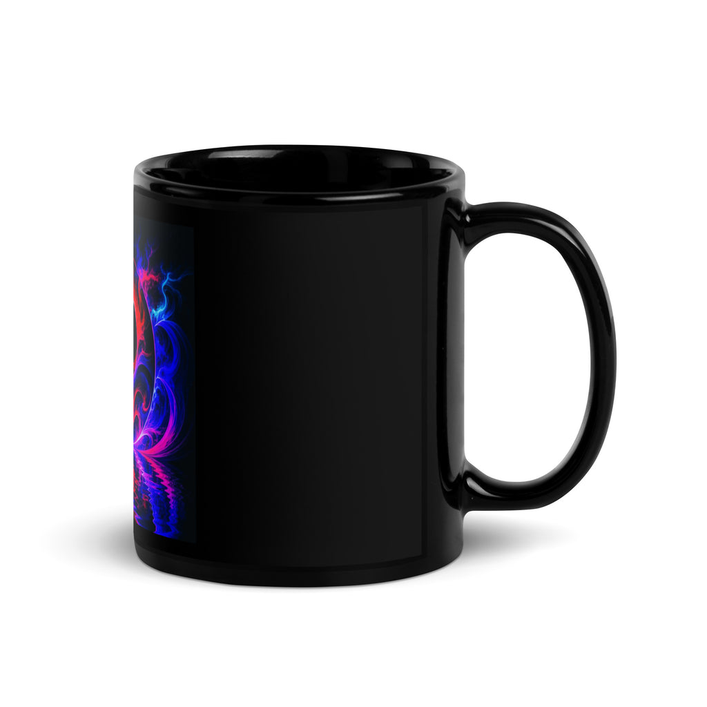 New Frontiers Black Glossy Mug – black ceramic mug, handle right view, neon abstract art with crimson flames and electric blue.