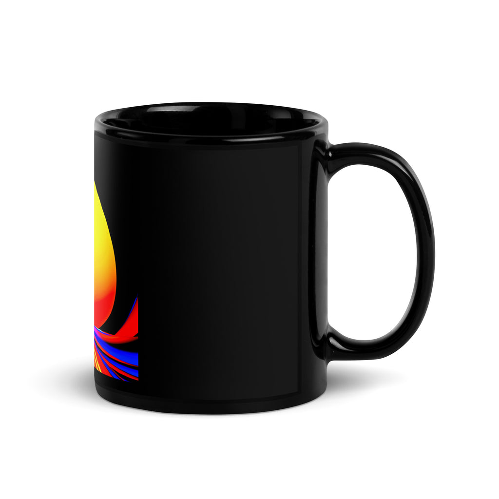 Solar Lotus Black Glossy Mug – black ceramic mug, handle right view, psychedelic abstract art in yellow, orange, red and blue.