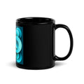 Echoes Black Glossy Mug – black ceramic mug, handle right view, abstract 3D cyan and teal geometric print.
