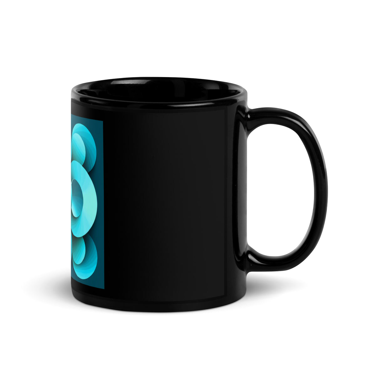 Echoes Black Glossy Mug – black ceramic mug, handle right view, abstract 3D cyan and teal geometric print.