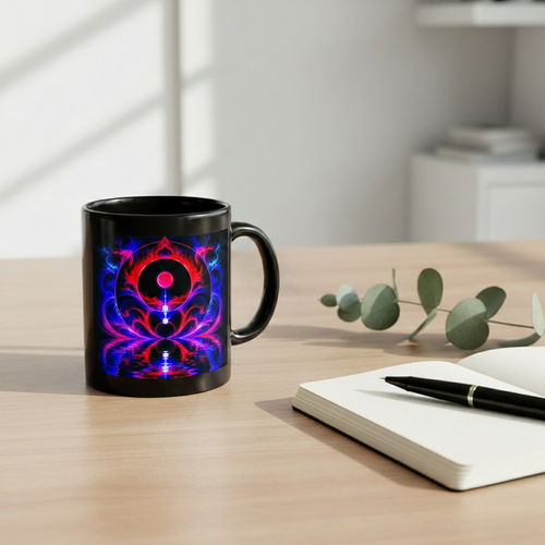 New Frontiers Black Glossy Mug lifestyle – black ceramic mug on warm wood desk, neon abstract art with crimson flames and electric blue.