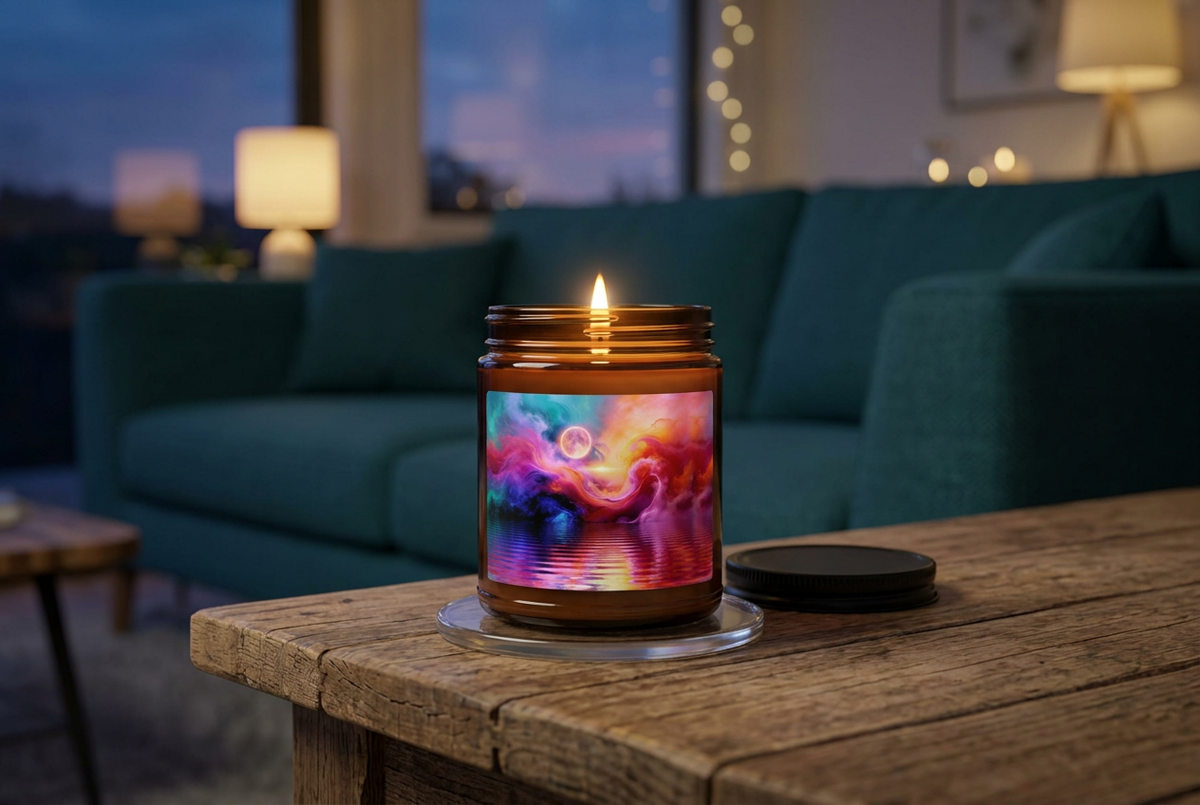 Cosmic Storm scented soy candle lit on a timber side table in a cosy living room with warm evening lighting - Abstract Aura.