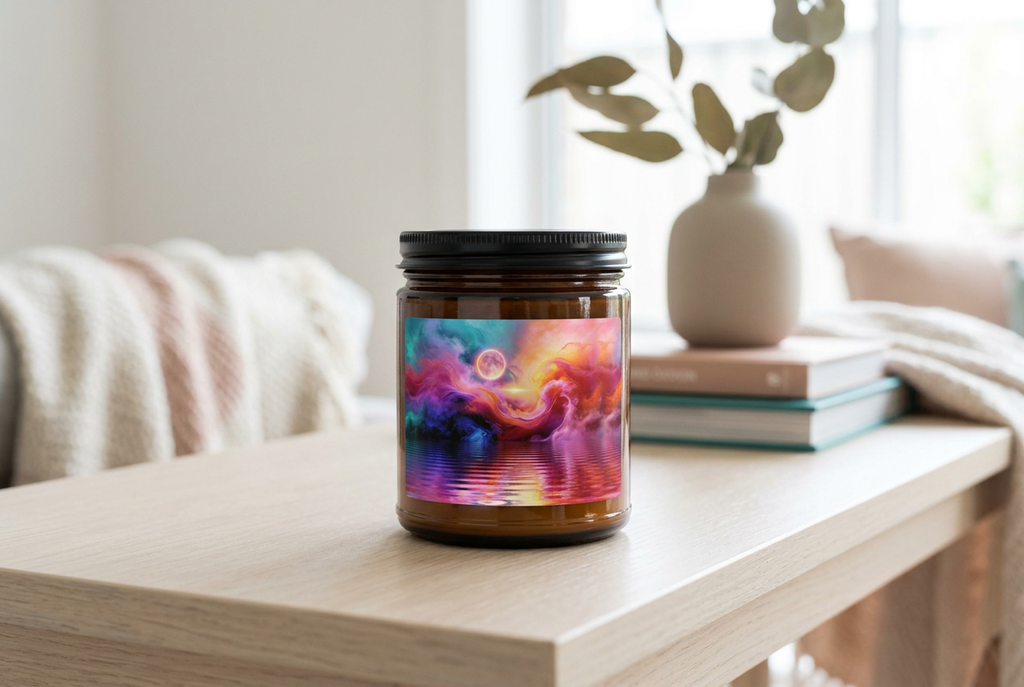 Cosmic Storm scented soy candle in an amber jar with black lid on a pale timber console table in natural daylight - Abstract Aura.

