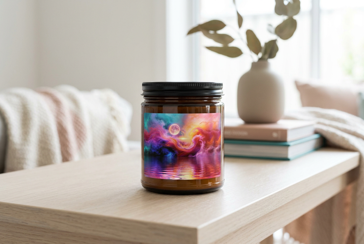 Cosmic Storm scented soy candle in an amber jar with black lid on a pale timber console table in natural daylight - Abstract Aura.
