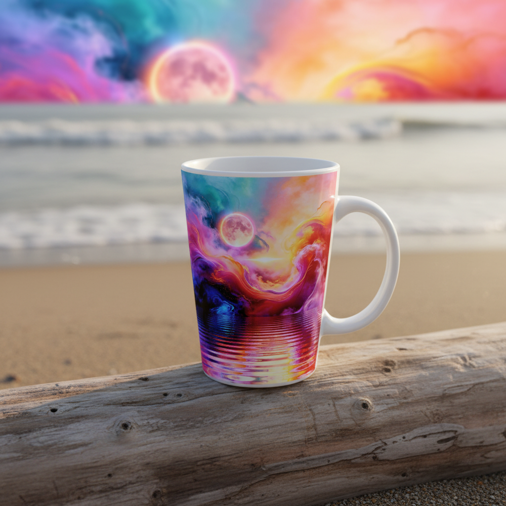 Cosmic Storm Latte Mug lifestyle – white ceramic cone mug in moody atmospheric setting.