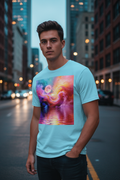 Cosmic Storm Unisex Tee in Sky Blue — male lifestyle front view, abstract art print.